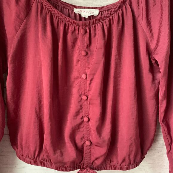 Pink Rose Blouse Dusty Rose Color Button Tie String Detail Long Sleeve Size M - Picture 11 of 14